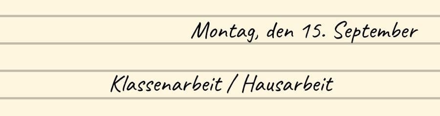 Пример правильной записи даты и классной/домашней работы на немецком языке